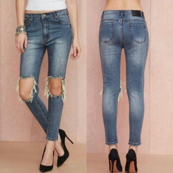 UNIF Peach Pit Skinny Jeans Busted Knees Size 25 Denim Distressed Blue High Rise - Picture 15 of 15